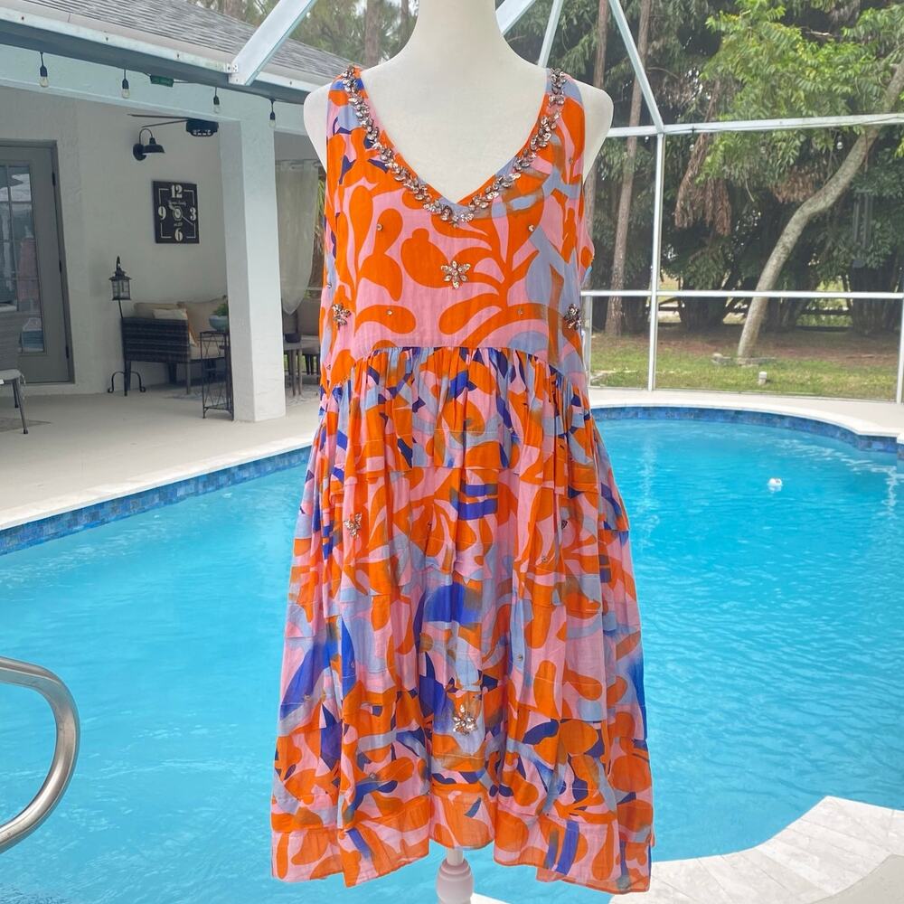 LEIFSDOTTIR Shimmered Garden Floral Spring Dress Sz 8 Orange Pink Rhinestones